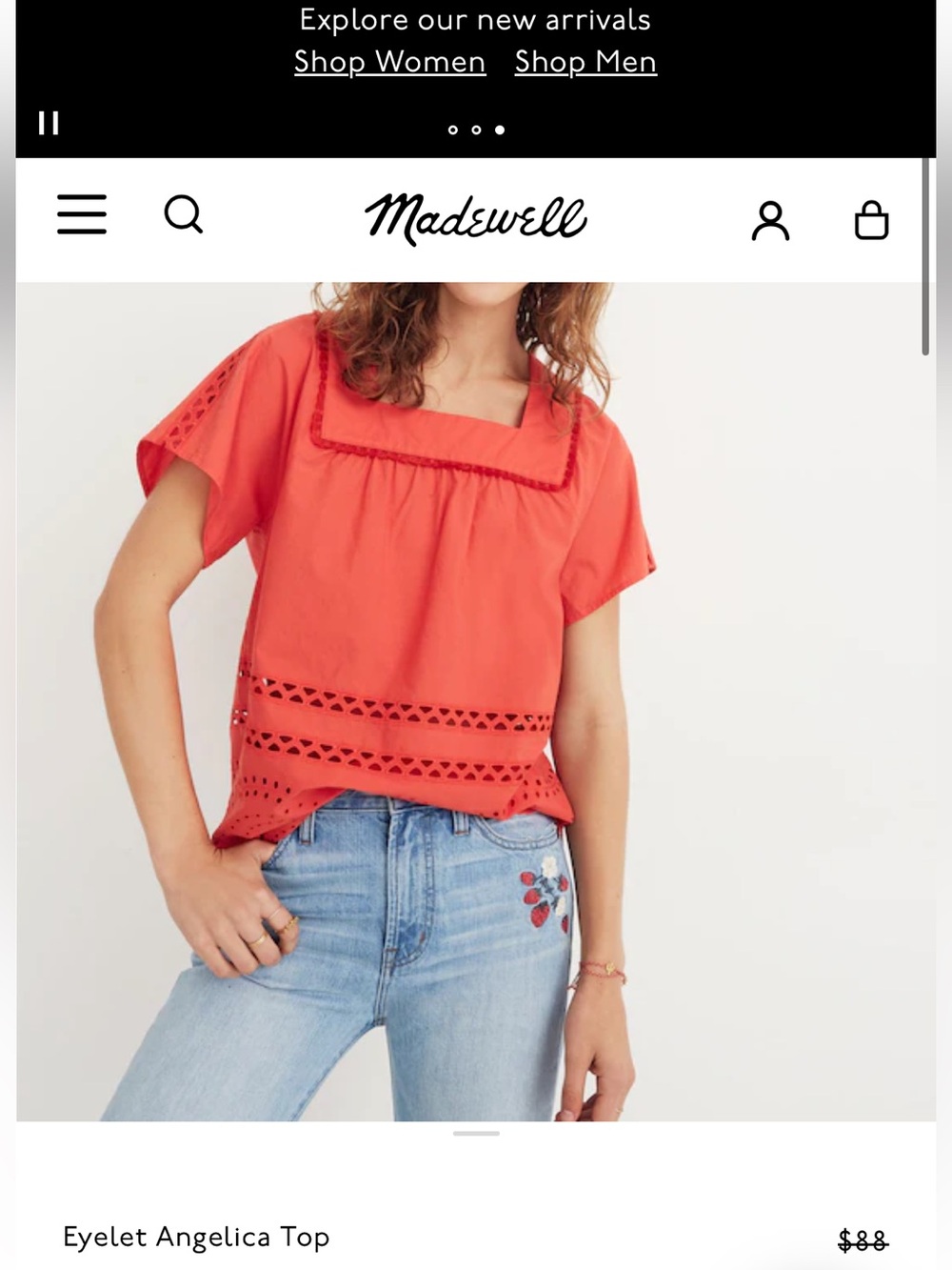 Madewell Coral Eyelet Square-Neck Angelica Short Sleeve Top - Picture 4 of 4